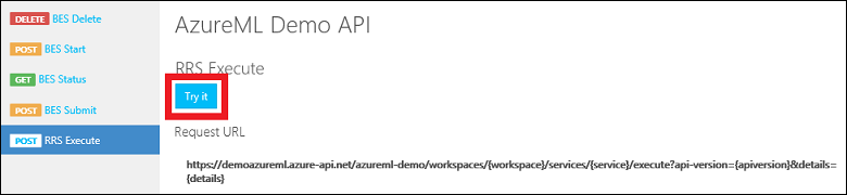 スクリーンショットは、[RRS Execute] が選択されている [AzureML Demo API] ダイアログ ボックスと [試用版] ボタンを示しています。