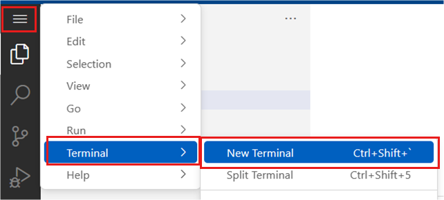 スクリーンショットには、VS Code からターミナル ウィンドウを開く様子が示されています。