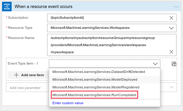 リソースタイプとして Azure Machine Learning service サービスを示すスクリーンショット。