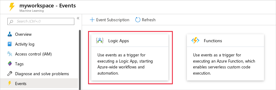 Azure Logic Apps の選択を示すスクリーンショット。