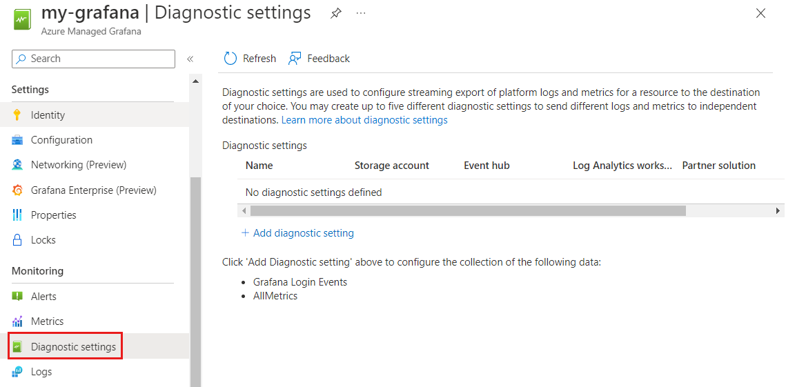 Screenshot of the Azure platform. Diagnostic settings.