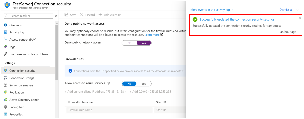 パブリック ネットワーク アクセスを拒否する Azure Portal Azure Database For Mariadb Microsoft Docs