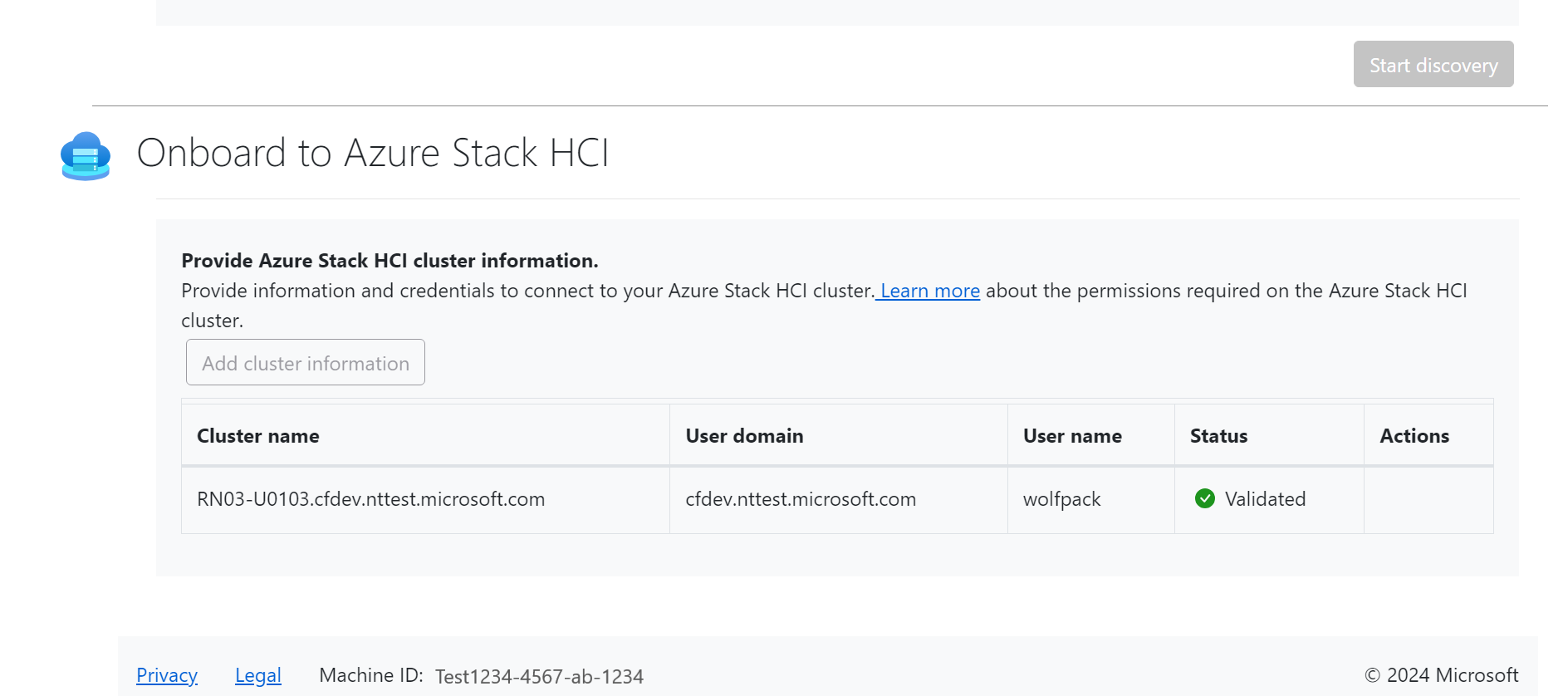 [Azure Stack HCI へのオンボード] セクションを示すスクリーンショット。