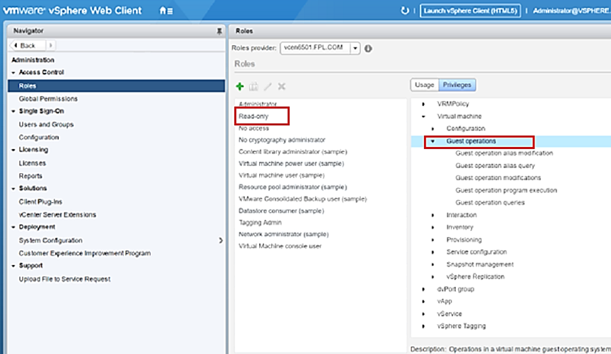 Screenshot that shows the v sphere web client and how to create a new account and select user roles and privileges.