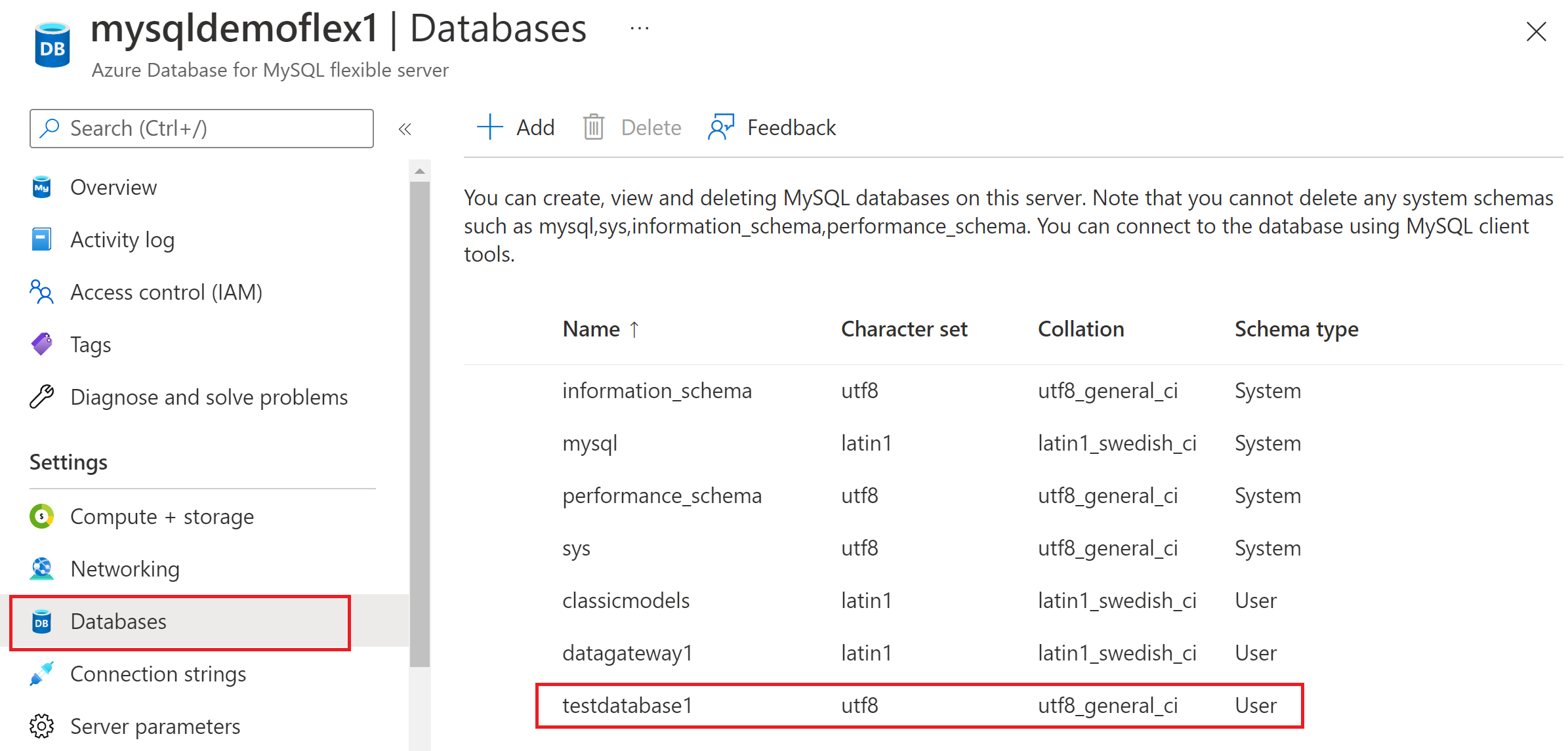Screenshot showing how to list all the databases on Azure Database for MySQL flexible server.