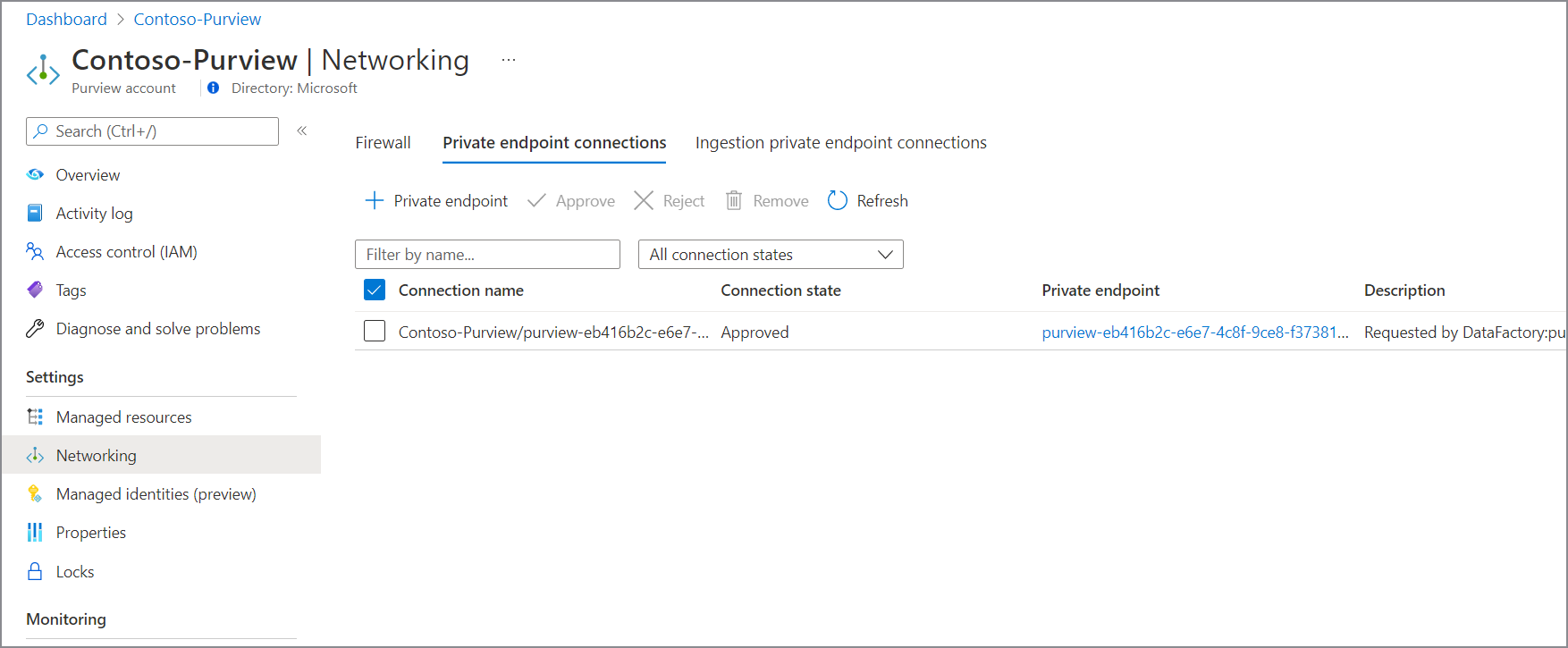 Microsoft Purview のマネージド プライベート エンドポイントを承認する方法を示すスクリーンショット - 承認済み