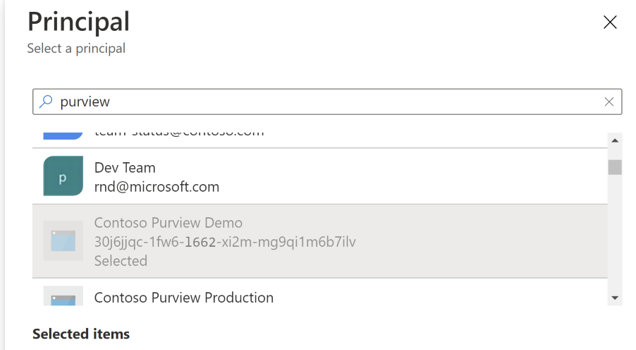Microsoft Purview アカウントをプリンシパルとして選択しているスクリーンショット。