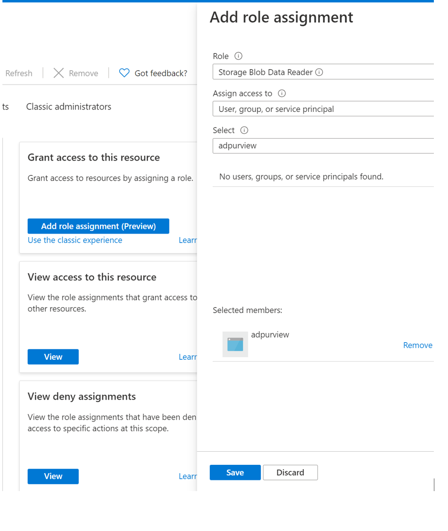 Microsoft Purview アカウントのアクセス許可を割り当てる詳細を示すスクリーンショット