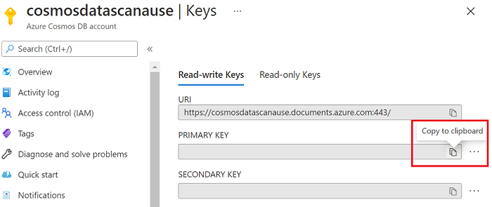 Screenshot that shows the access keys to be copied