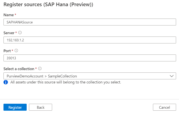SAP HANA ソースを登録するためのボックスを示すスクリーンショット。