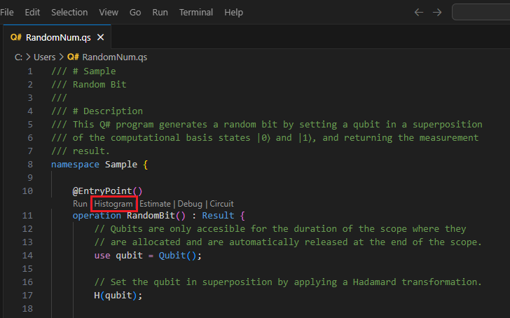 ヒストグラム コマンドを使用してコード レンズを見つける場所を示す、Visual Studio Code の Q# ファイルのスクリーンショット。