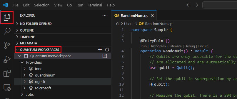 [Quantum ワークスペース] ウィンドウを展開する方法を示す Visual Studio Code のスクリーンショット。