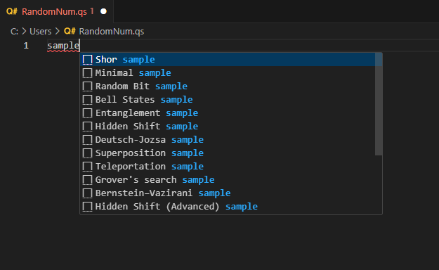 Visual Studio Code の Q# ファイルのスクリーンショット。ファイルにサンプルという単語を記述するときのコード サンプルの一覧が示されています。
