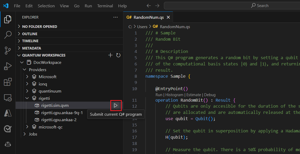 Rigetti シミュレーターを として target実行する方法を示す Visual Studio Code のスクリーンショット。