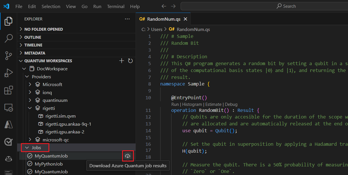 量子ジョブの結果をダウンロードして表示する方法を示す Visual Studio Code のスクリーンショット。