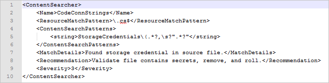 Credential Scanner のセットアップを示す XML