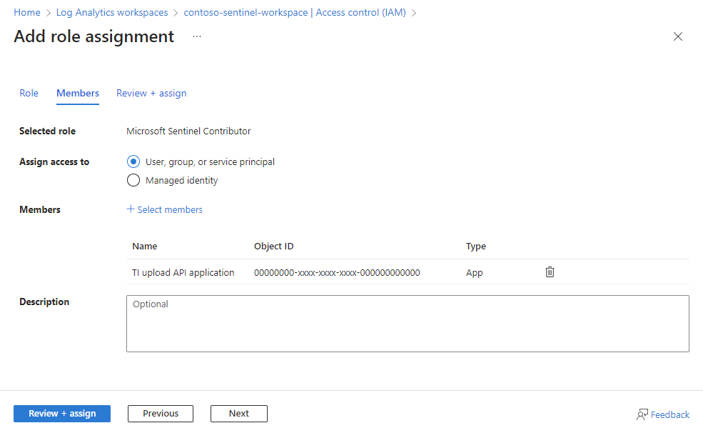 アプリケーションに Microsoft Sentinel 共同作成者ロールがワークスペース レベルで割り当てられたことを示すスクリーンショット。