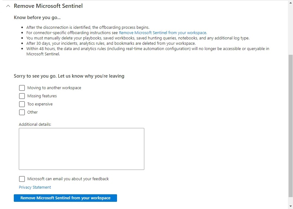 Screenshot that shows the section to remove the Microsoft Sentinel solution from your workspace.