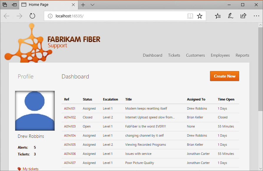 ローカル ホストで実行されている Fabrikam Fiber CallCenter アプリケーション ホーム ページのスクリーンショット。このページには、サポート コールの一覧が含まれるダッシュボードが表示されます。