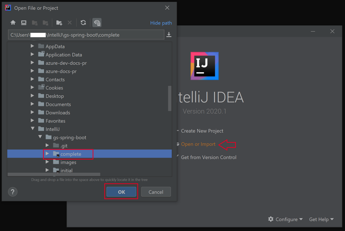 Screenshot of IntelliJ IDEA Open File or Project dialog box with complete folder highlighted.