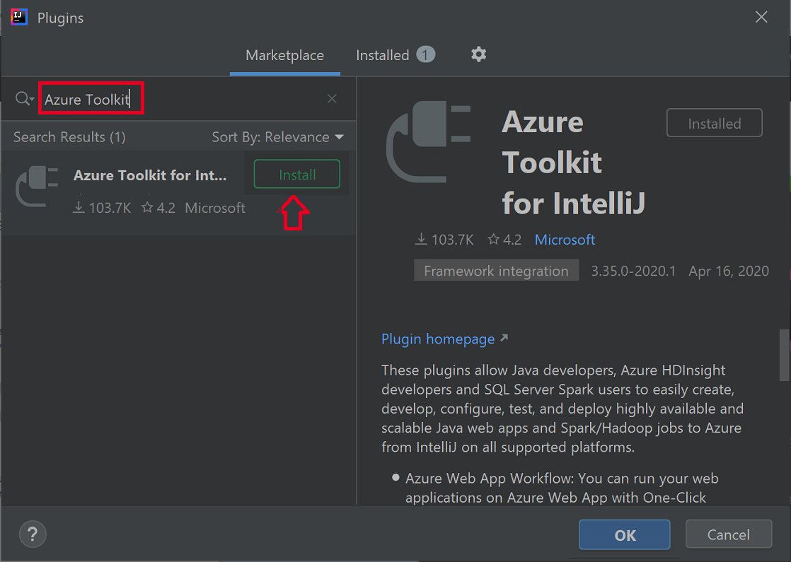 Screenshot of IntelliJ IDEA Plugins dialog box with Install button highlighted.