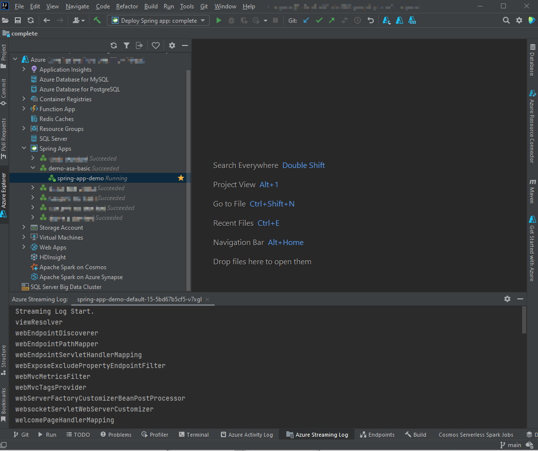 Screenshot of the IntelliJ IDEA showing the streaming log in the output window.