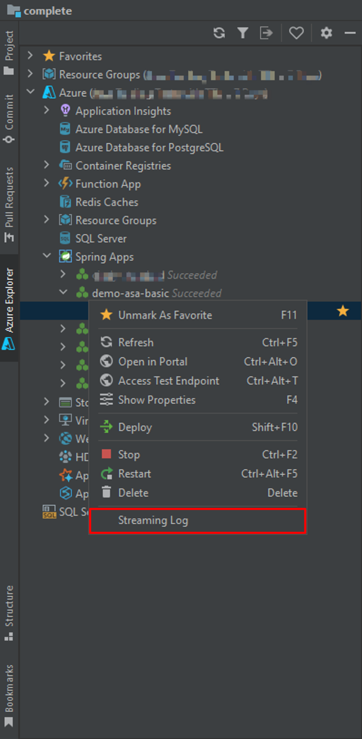 Screenshot of IntelliJ IDEA context menu with the Streaming Log option highlighted.