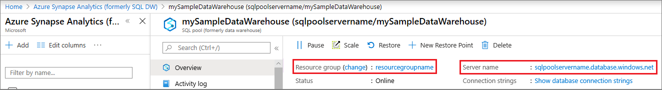 専用 SQL プール (旧称 SQL DW) のサーバー名とリソース グループを含む Azure portal のスクリーンショット。
