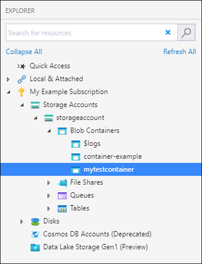 Microsoft Azure Storage Explorer でのコンテナーの作成方法を示すスクリーンショット