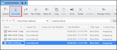 Microsoft Azure Storage Explorer で BLOB をダウンロードする方法を示すスクリーンショット。