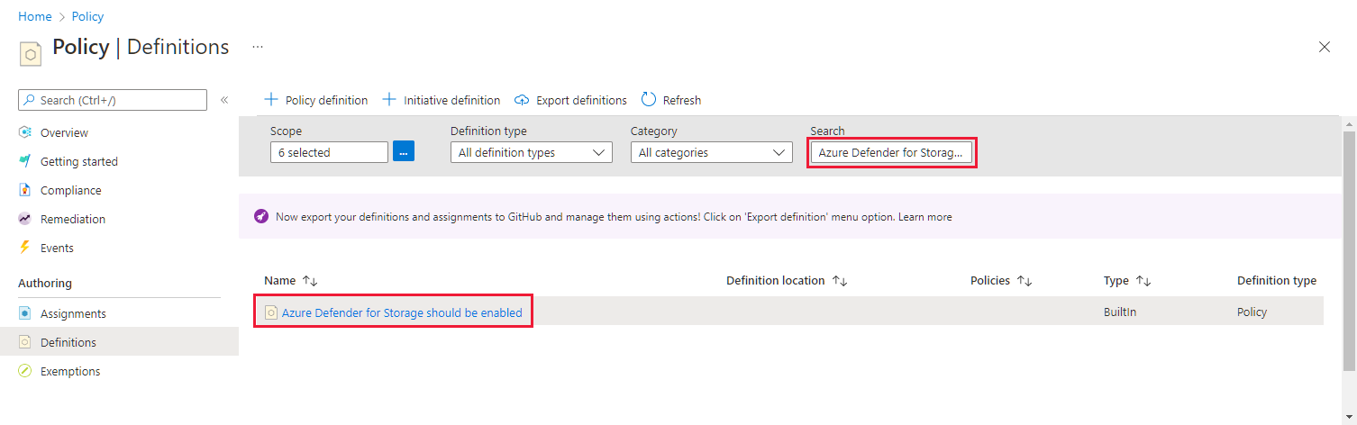Locate built-in policy to enable Microsoft Defender for Storage for your storage accounts.