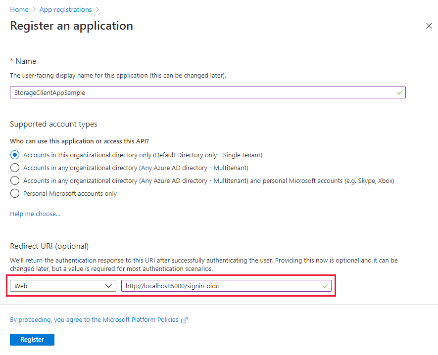 Screenshot showing how to register your storage application with Azure AD