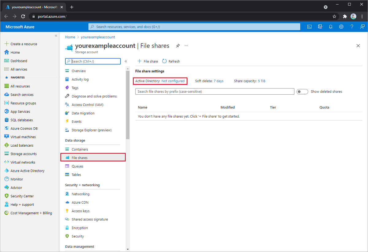 Screenshot of the File shares pane in your storage account, Active directory is highlighted.