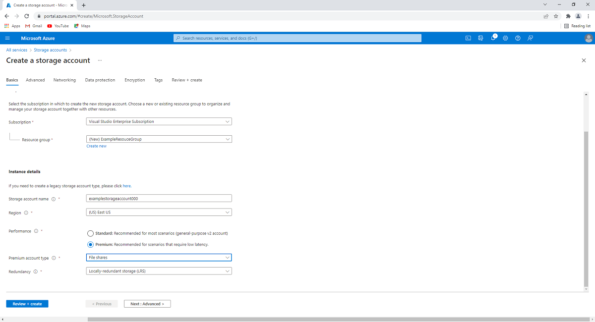 Screenshot showing how to create a storage account in the Azure portal.