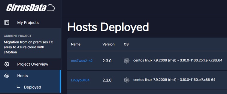 Screenshot that shows list of deployed hosts.