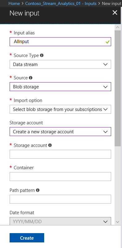 Screenshot shows the New input window with Input alias, Source, and Storage account drop-down menu options selected.