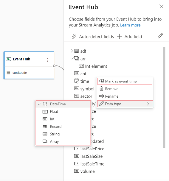 Screenshot showing Event Hub fields where you add, remove, and edit the fields.