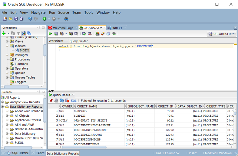 Oracle SQL Developer でストアド プロシージャの一覧を表示するためのクエリを実行する方法を示すスクリーンショット。