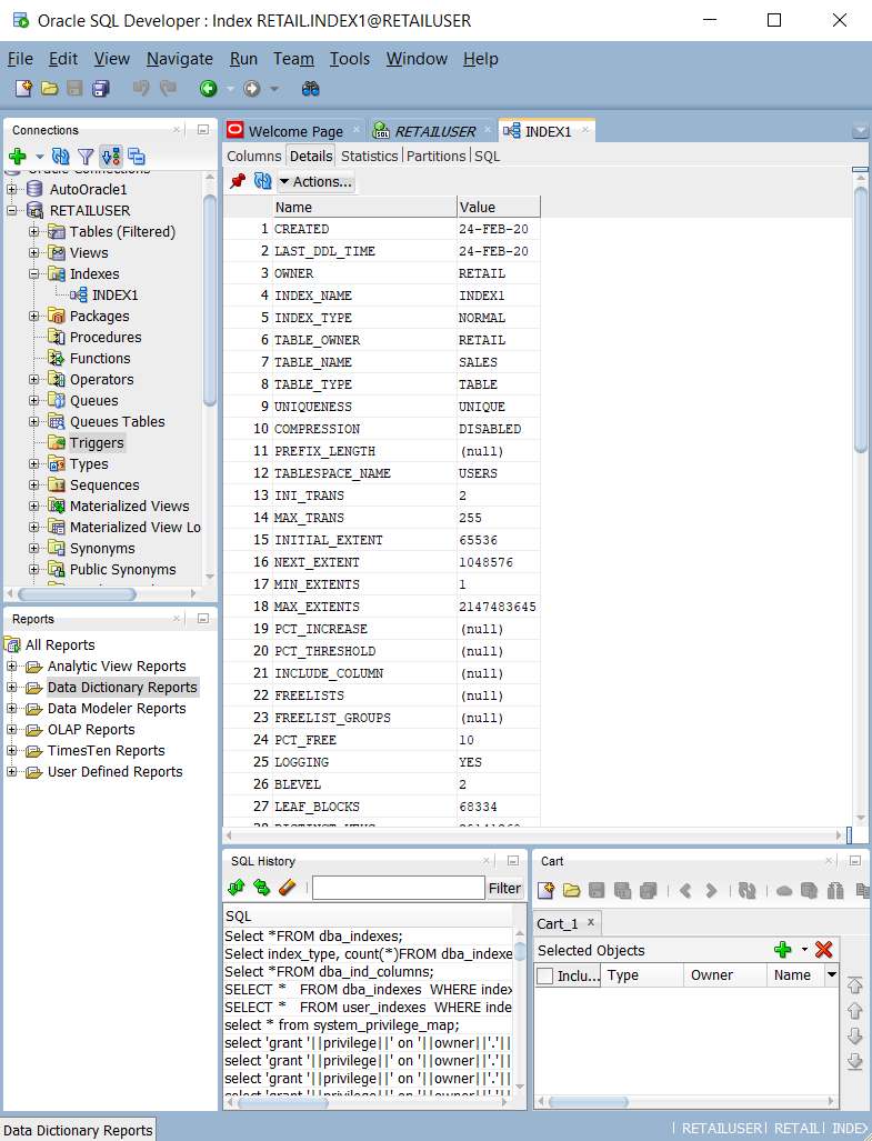 Oracle SQL Developer でシステム カタログ テーブルとビューに対するクエリを実行する方法を示すスクリーンショット。