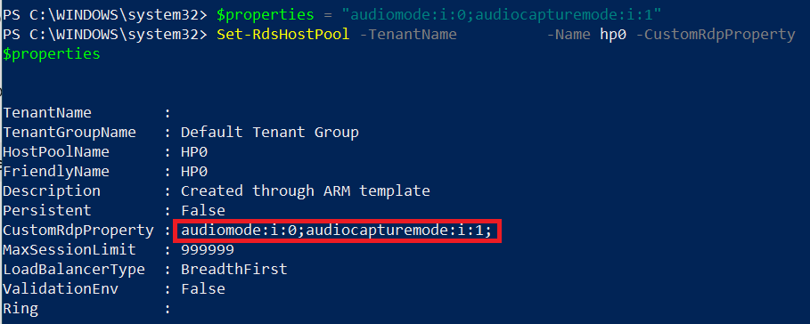 A screenshot of PowerShell cmdlet Set-RDSRemoteApp with Name and FriendlyName highlighted to edit a custom R D P property.