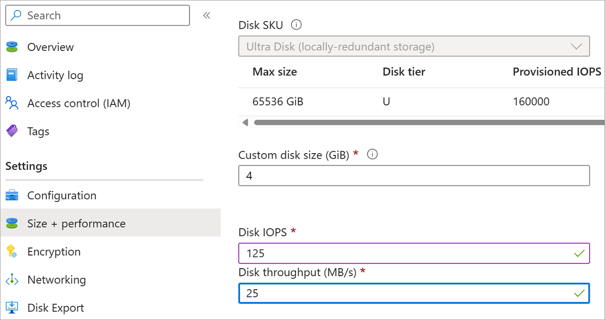 Screenshot of configuration blade on your ultra disk, disk size, iops, and throughput are highlighted, save is highlighted.
