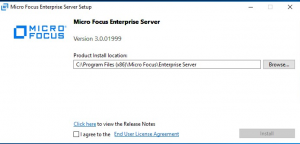 スクリーンショットに、インストールを開始できる、Micro Focus Enterprise Server のダイアログ ボックスが示されています。