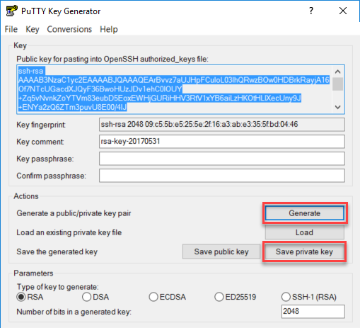 Screenshot of the PuTTY key generator page