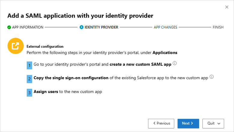 [ID プロバイダーを使用して SAML アプリケーションを追加する] ダイアログの [ID プロバイダー/外部構成領域] を示すスクリーンショット。