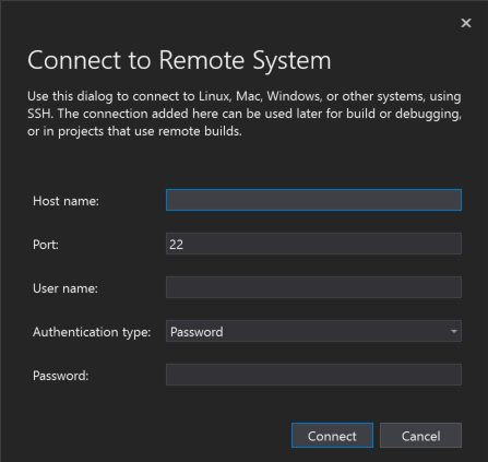 Screenshot of the Visual Studio Connect to Remote System dialog.