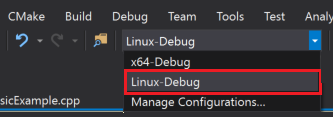 Screenshot of the launch configuration drop-down. The visible options are: x64-Debug, Linux-Debug, and Manage Configurations.