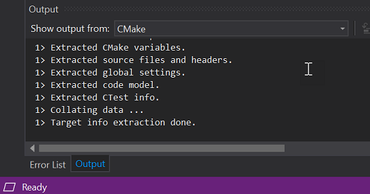 Screenshot of the Output window. The Show output from: dropdown is set to CMake.