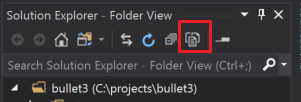 Screenshot of the Solution Explorer window with the Show All Files button highlighted. This button sits on top of the solution explorer window and to the right.