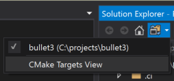 Screenshot of the Solutions and Folders button in the Solution Explorer. It is selected, showing a dropdown with a choice for c:\projects\bullet3 and another choice for CMake Targets View, which is selected.