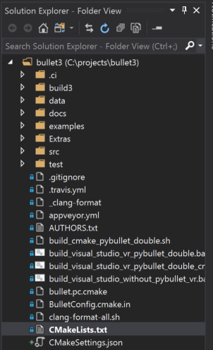Screenshot of the Solution Explorer window in Folder View mode. It displays the contents of the project (files and folders) and CMakeLists.txt is highlighted.
